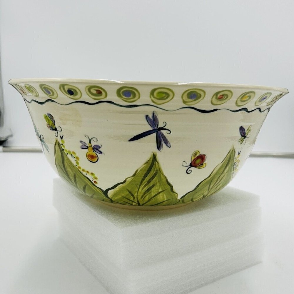 Hand Painted Art Pottery 11” x 5" Serving Bowl Signed SLR Butterfly Pattern